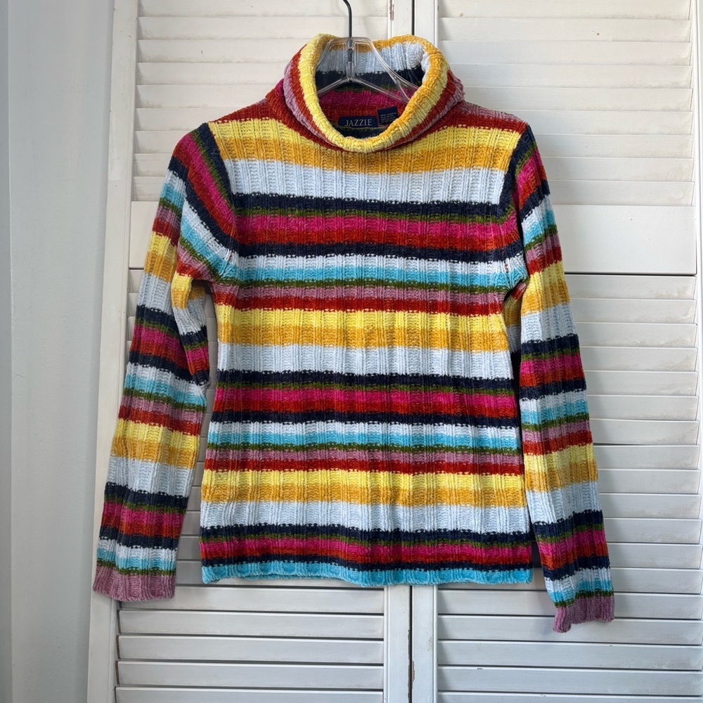 Vtg Jazzie Rainbow Stripe Chenille Knit Sweater Women’s Small.